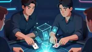 Игрок и аналитик изучают голограммы, отражающие тренды анализа покерных раздач в 2026 году